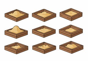 Nine isometric wooden boxes filled with sand variations, cartoon vector illustration set for construction or UI game assets.
