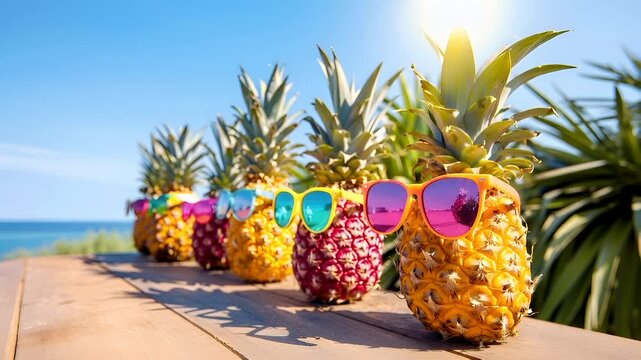 pineapples with colorful sunglasses on wooden surface against clear sky and ocean backgroundpineapple with sunglasses and tropical plantspineappels with sunglasses on a wooden surface near the ocean.