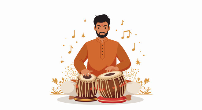 Traditional Indian musician playing the Tabla drums, dressed in orange cultural attire, surrounded by musical notes in this festive vector illustration.