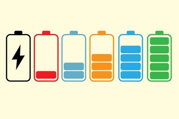 Set of colorful battery level icons displaying charging status from empty to full, featuring clean minimal vector design ideal for technology graphics, mobile interfaces, power management concepts
