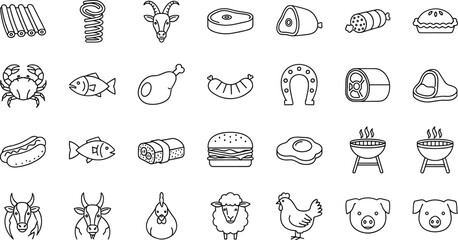 Meat and seafood line icons collection featuring beef, pork, poultry, fish, sausages, barbecue elements, livestock symbols, and food illustration set