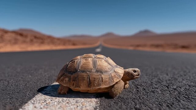 A tortoise traverses a long, straight road through a desert landscape, 