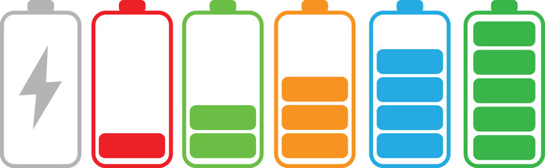 Obraz premium Set of colorful battery level icons displaying charging status from empty to full, featuring clean minimal vector design ideal for technology graphics, mobile interfaces, power management concepts