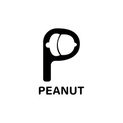 Creative letter P logo design seamlessly integrating an abstract cracked peanut or acorn illustration, symbolizing nutrition, natural snacks, or food industry branding