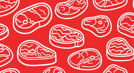 Stylized raw steak pattern with white outlines on a vibrant red background food art abstract culinary design concept