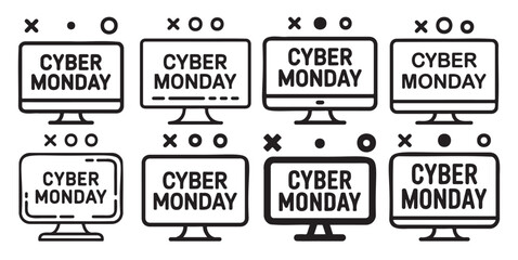 Cyber Monday sale vector icons set of computer screen symbols for online shopping promotions and advertising isolated on white background