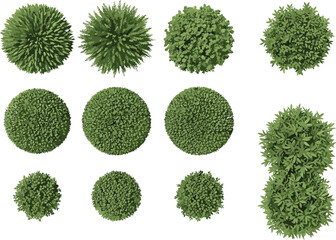 Set of Green Garden Shrubs and Bush Illustrations in Top View Perspective, Ideal for Architectural Site Plans, Landscape Design, and Map Creation Elements