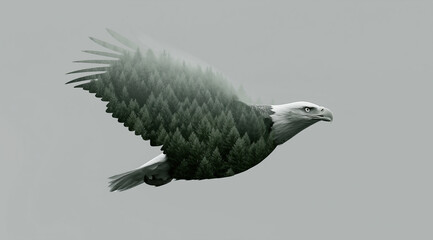 Fototapeta premium Majestic raptor soars through sky with forested wings forming ethereal silhouette.