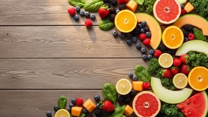 Vibrant summer fruits create a healthy lifestyle flat lay on rustic wood for delicious recipes and wellness