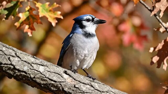 Blue jay perched on a branch with vibrant autumn foliage background
