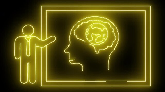 Yellow neon drawing of a person head with a brain and a square border on a black background