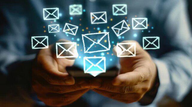 Video A person holding a cell phone with email icons popping up, ideal for concepts about technology and communication