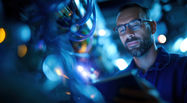 Focused engineer studies tablet beside illuminated machinery and cables in hightech environment.
