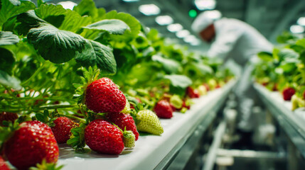 Spinach plants thrive in a hydroponic setup as a farmer tends to ripe strawberries in an innovative indoor farming environment