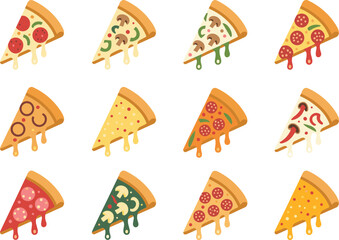 Flat cartoon illustration of assorted pizza slices with pepperoni, vegetables, mushrooms and melting cheese arranged in a colorful grid pattern