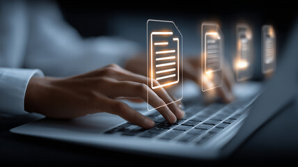 Hands typing on a laptop with floating digital documents illustrating information management, workflow optimization and efficient data organization.
