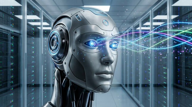 Cybernetic Robot Head Scanning Data with Neon Light Particles