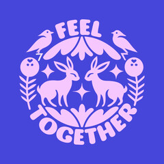 Pink rabbits and birds in circular design with text