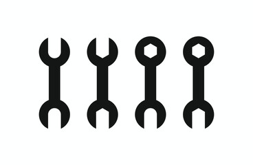 Wrench tool icon set vector. Minimalist black spanner symbols for setting, service, and repair applications. Vector black silhouette spanner and tool icons