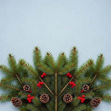 Close up of christmas tree branches with red berries and pine cones on a light blue background