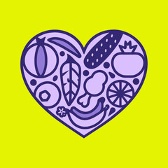 Purple heart shape filled with food icons on yellow background