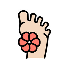 Foot and flower color icon. Foot hygiene, Healthy feet, Foot treatment, Podiatrist, Podiatry, Pedicure, Foot care, Massage foot, Organic cosmetics symbol. Vector isolated illustration.