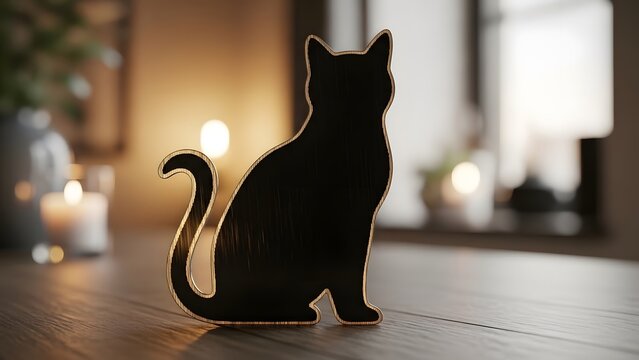 Charming black cat silhouette on wooden table creating cozy home decor atmosphere with warm candlelight, perfect for pet lovers and interior design themes
