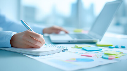 Business planning and performance analysis illustrated through a hand writing notes beside financial charts to represent strategy development and informed decision making.
