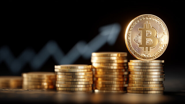 Stacks of bitcoin coins illustrating financial growth and the concept of increasing cryptocurrency value within expanding digital investment markets.
 - Powered by Adobe