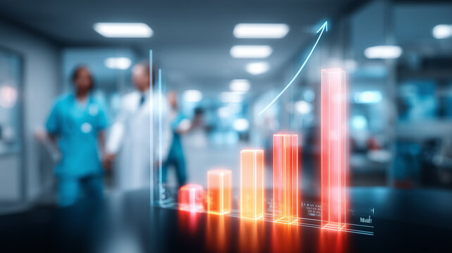 A glowing ascending bar chart within a hospital setting symbolizing medical progress and the conceptual improvement of healthcare performance through analytical insights.
