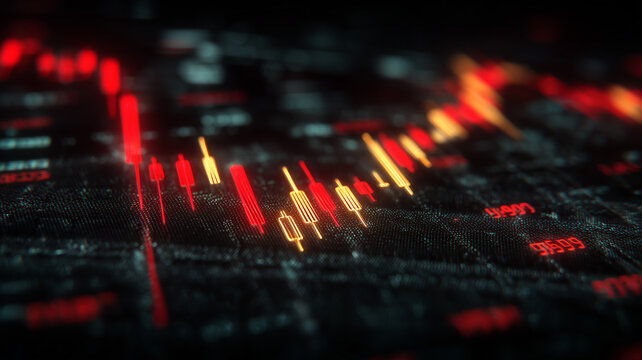 A financial chart with glowing candlesticks symbolizing market volatility and the conceptual interpretation of fluctuating economic behavior in trading environments.
