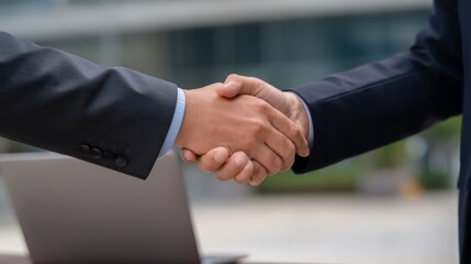 In a bright urban landscape, two professionals shake hands, symbolizing a new partnership or agreement. The scene reflects trust and collaboration under the clear sky