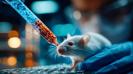 White laboratory mouse under microscope as scientist prepares chemical drop for biomedical research