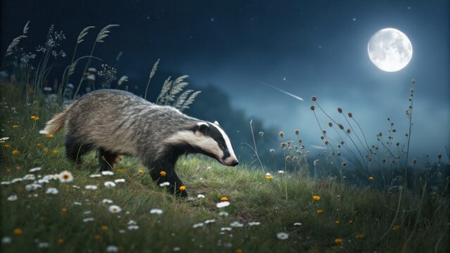 Badger in Field at Night with Moon