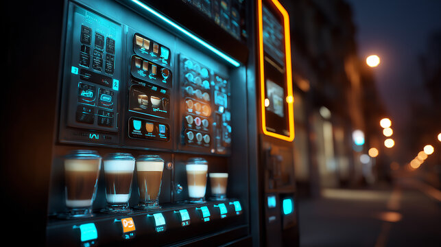 A futuristic coffee vending machine with holographic interface, glowing neon buttons, serving coffee in transparent cups