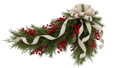 Isolated Winter holiday swag of pine branches, red berries and silky ribbon, Christmas vibe