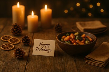 Happy Holidays Rustic Table Decor Candle Citrus Festive Dinner Setting
