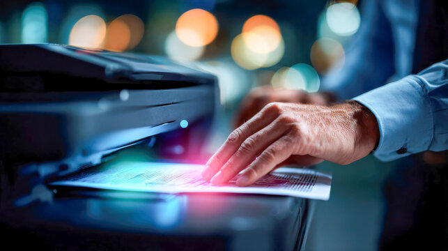Businessman using a multifunction laser printer at night, tapping on the touchscreen panel in an office environment