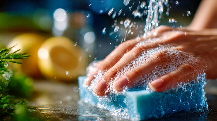 A hand scrubs a surface with soap and water, creating bright bubbles and emphasizing hygiene, cleanliness, and sanitation