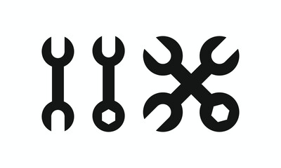 Minimalist vector icon set of spanners featuring open-end and combination wrenches in various arrangements (crossed and parallel). Essential for mechanics, construction, settings, and quick fix servic