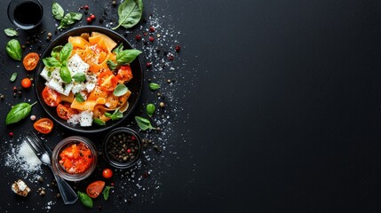 Overhead shot of a delicious pasta dish with fresh tomatoes, basil, and cheese, artfully arranged on a black surface. Includes spices and a glass of dark liquid