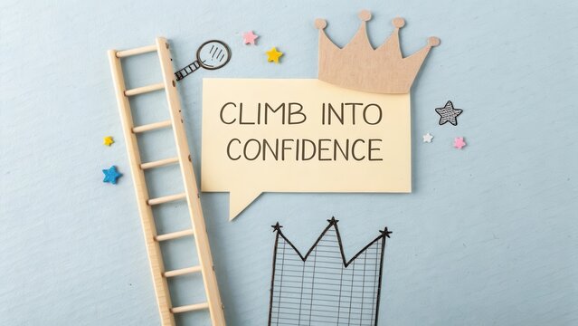 Ladder leaning into crown concept promoting confidence and success