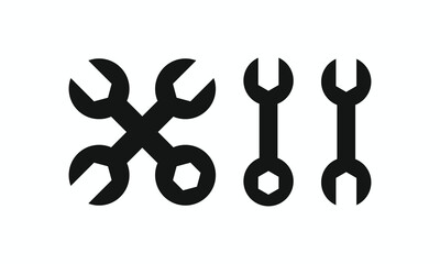 Vector icon set featuring crossed and parallel open-end wrenches and combination spanners. Perfect for technical support, construction, engineering, tools, and repair service graphics