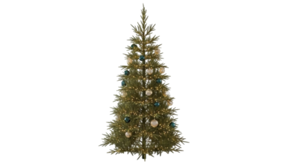 Isolated festive Christmas tree with ornaments and lights for the holidays, celebration, season
