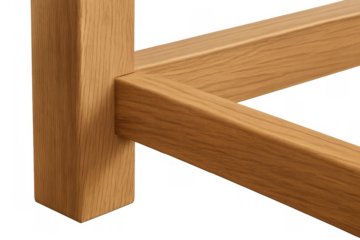 Wooden furniture construction showing detail of an oak table leg and frame joint with transparent background