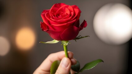 Close-up of a vibrant red rose held in hand, perfect for expressing love and affection