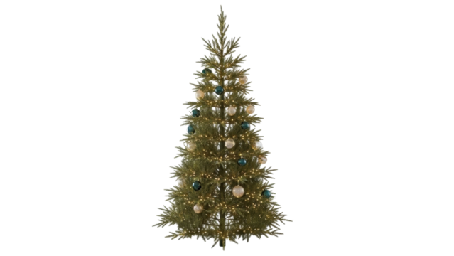 Isolated festive Christmas tree with ornaments and lights for the holidays, celebration, season