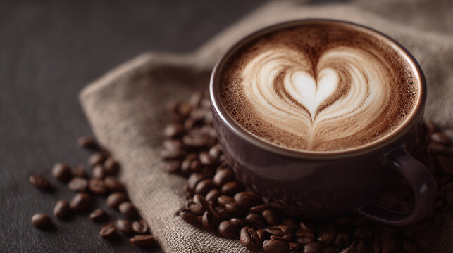 A latte art cup of coffee with a heart shape, surrounded by roasted coffee beans