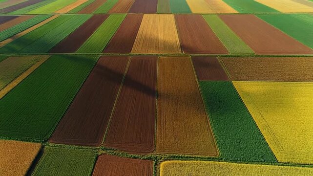 Aerial view of vibrant patchwork farmland with colorful crops, ideal for agriculture, farming, and rural landscape promotional videos