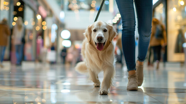 Golden retriever walking alongside a person in a bustling shopping mall, showcasing the bond between pets and their owners in a lively urban environment
